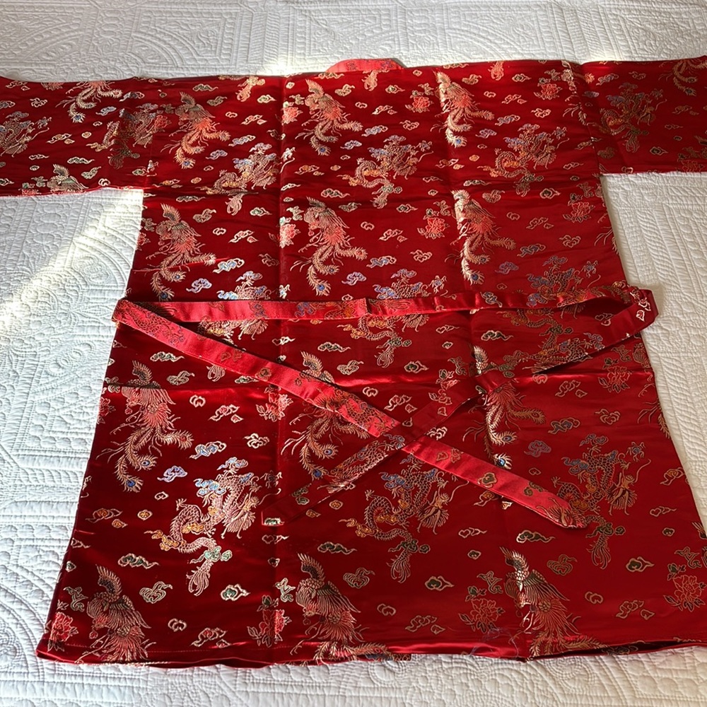 HoHo Vintage Chinoiserie Red Dragon/Phoenix design Short Robe, L size